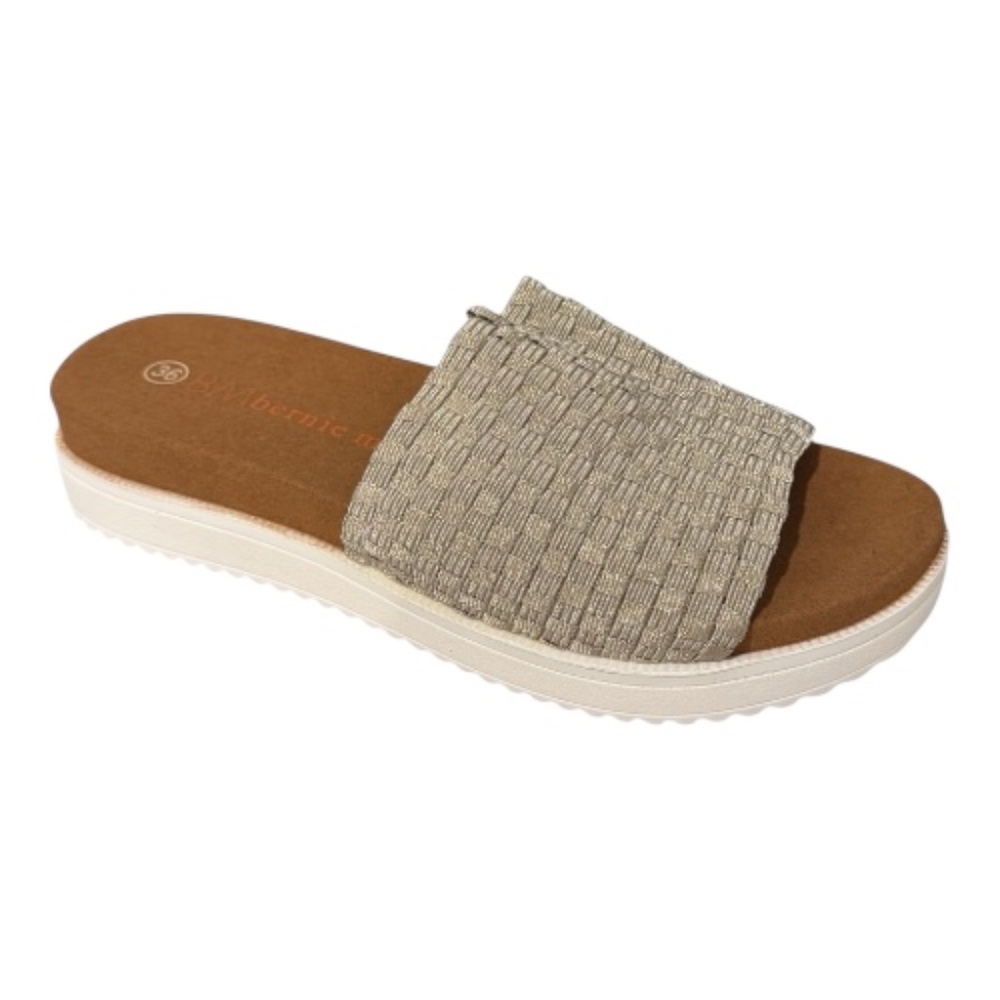 bernie mev. Cream Woven Slide Sandal with Brown Footbed
